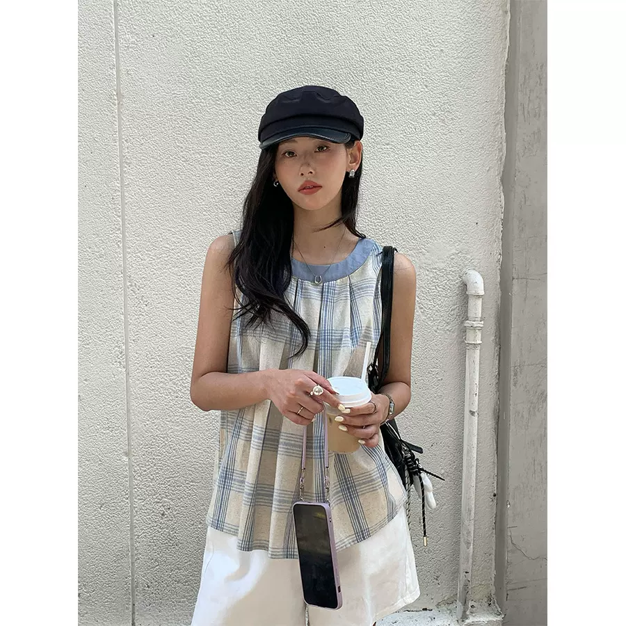 广州黄峥韩版盐系格纹撞色挂脖背心高级感气质百搭无袖上衣520756