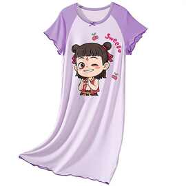 儿童睡衣薄款夏季冰丝2025中小童女童睡裙家居服哪吒可爱拼色裙子