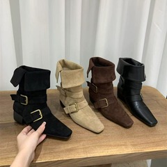 粗跟复古绒面西部牛仔卡其色短靴女靴子2025春秋季单靴方头马丁靴