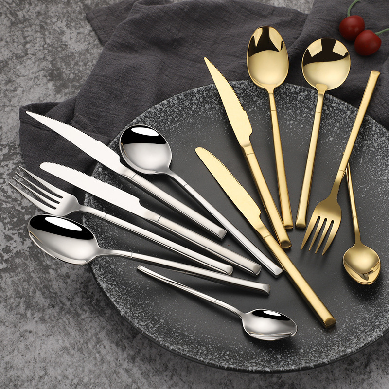 Cross-Border 304 Stainless Steel Western Tableware Set Knife, Fork and Spoon German Knight Gold-Plated Square Handle Steak Knife Western Knife