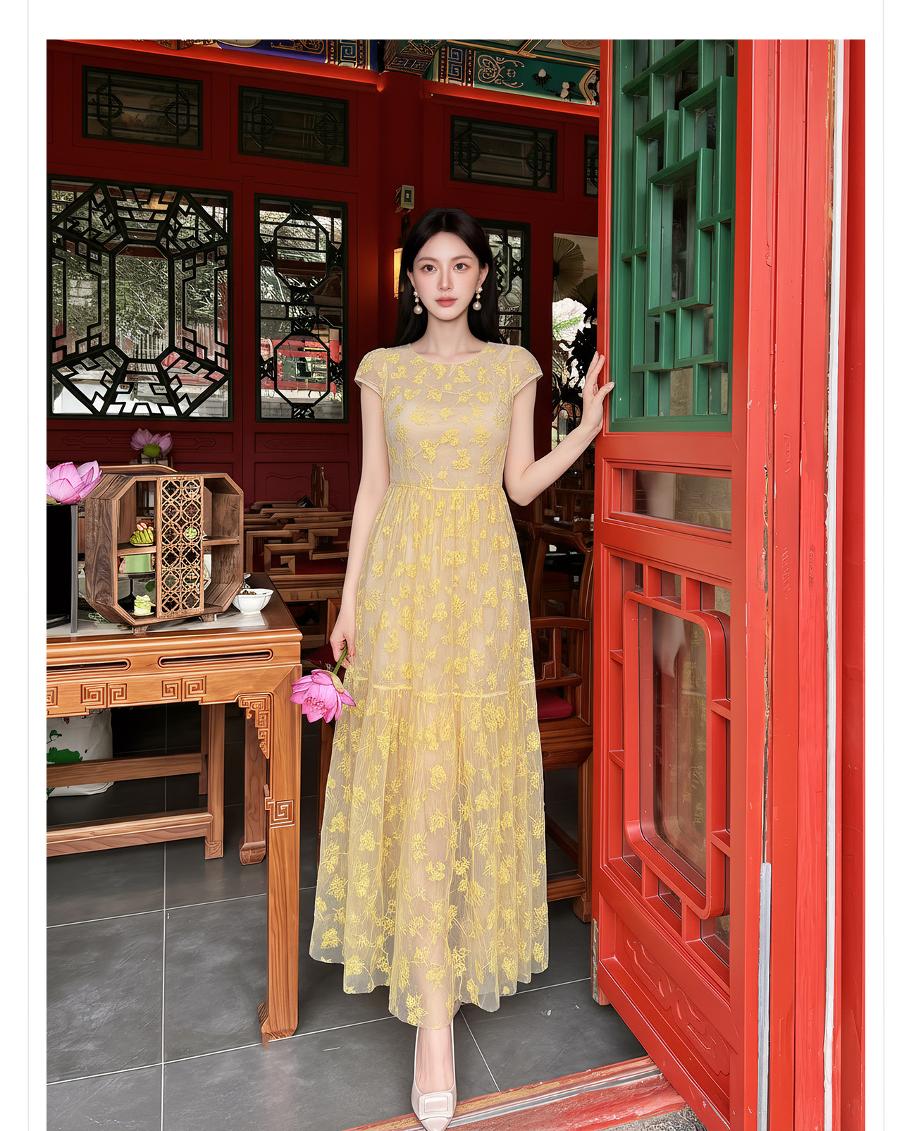 Đầm maxi nữ thêu ren hoa cổ điển tay ngắn thắt eo — màu sắc chi tiết 7