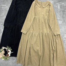 日韩森女系文艺复古减龄娃娃领条绒套头宽松连衣裙灯芯绒a字裙厚