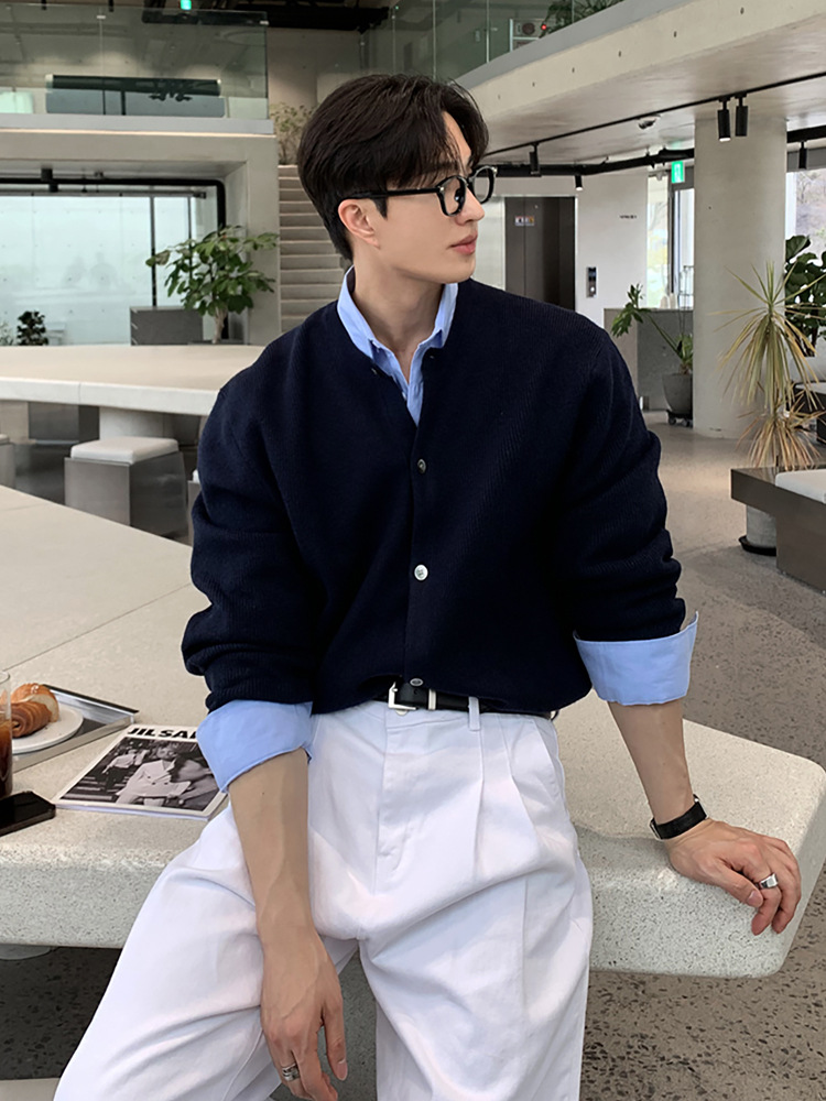 ASCLO新型高級感百合軽熟ニット韓国版ファッションカジュアルカーディガン丸首セーターコート男