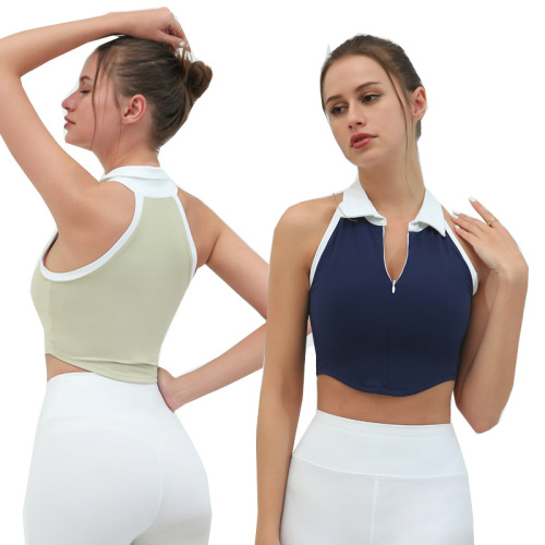 Foreign trade sports fitness vest for women, contrasting color lapel zipper, quick-drying, high elasticity, chest pad, running yoga top