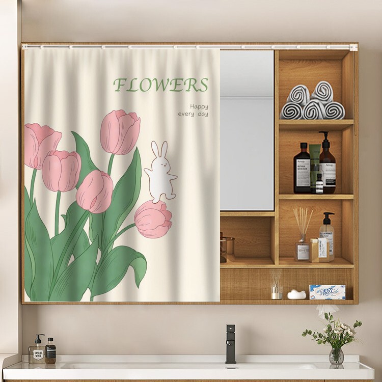 Dressing Table Mirror Curtain, No-Drill Household Bathroom Vanity Makeup Mirror Dustproof Curtain Cover