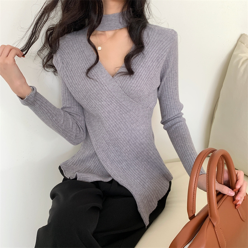 Solid Color Halter Neck Cross Stitching Sweater NSFYF113714