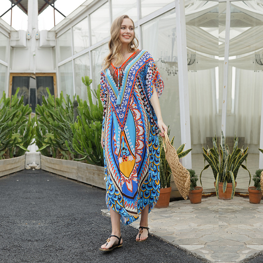 Blusa de playa transfronteriza europea y americana tela de secado rápido estilo étnico Vestido de playa vestido de fiesta bikini blusa 5D44
