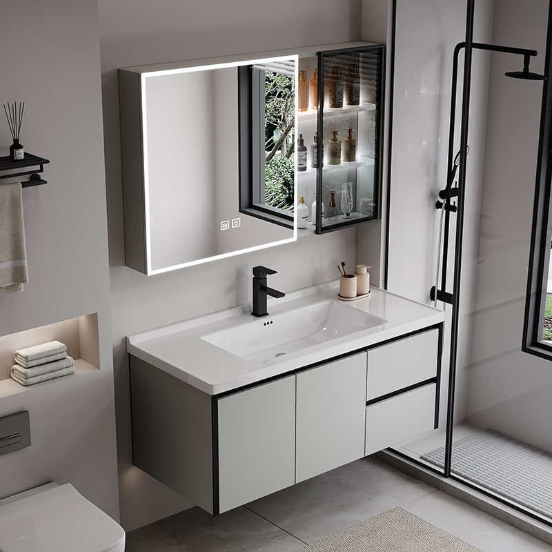 Gabinete de baño de abeja de aire de crema, lavabo cerámico integral, gabinete de lavabo combinado simple, lavabo inteligente de baño