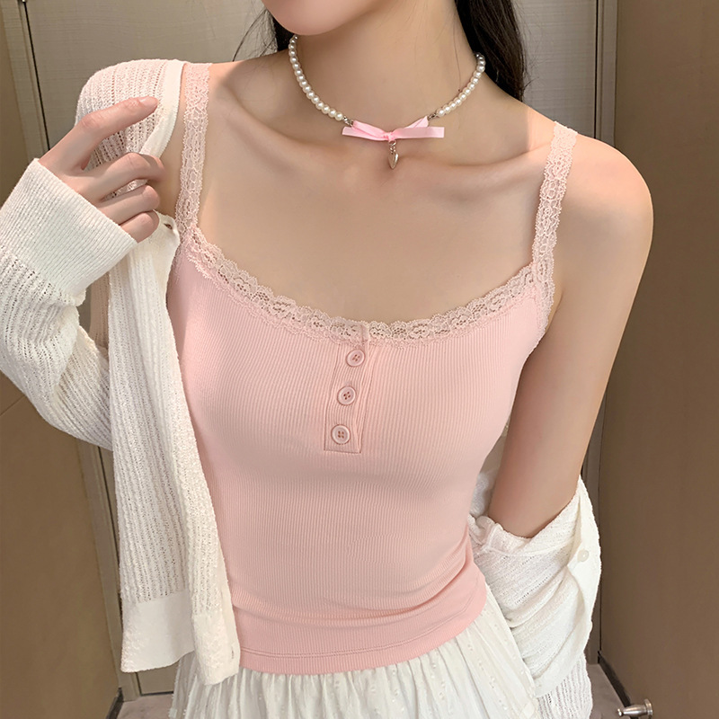 Lace Camisole with Thin Straps for Women, Versatile and Stylish, Suitable for Spring and Summer, Slim Fit, Buttoned, Short Pink Base Top Lace Camisole with Thin Straps for Women, Versatile and Stylish, Suitable for Spring and Summer, Slim Fit, Buttoned, Short Pink Base Top