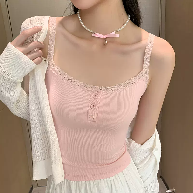蕾丝背心小吊带女士纯欲风百搭内衬春夏修身纽扣短款粉色打底上衣