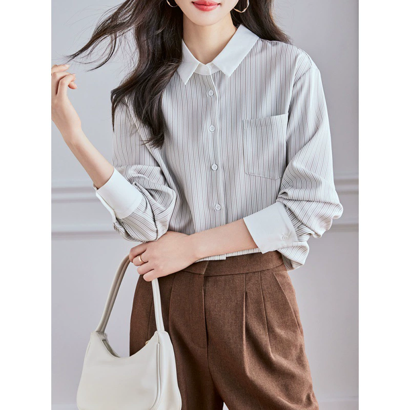 Реальный выстрел высокого уровня в полоску рубашка женская мода дикая рубашка 2024 осенний топ с длинными рукавами темпераментный рубашка