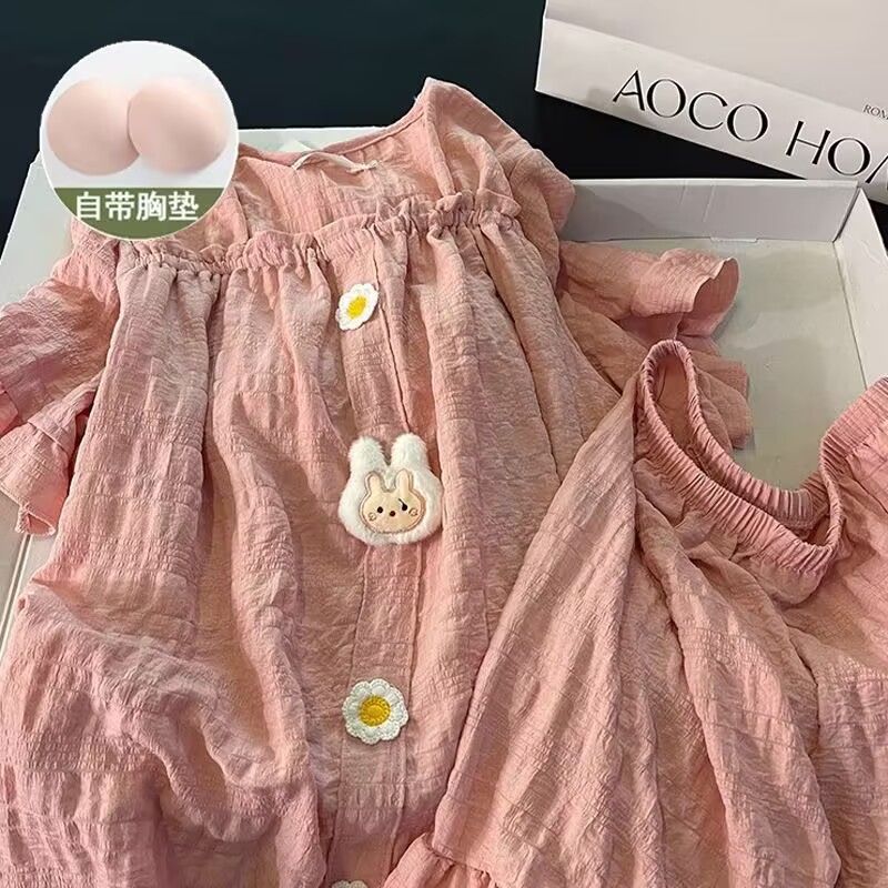 Venta al por mayor transfronteriza de verano con almohadilla para el pecho pijamas de algodón de nube pantalones cortos de manga corta para mujer estilo palacio conejo color sólido traje de servicio a domicilio