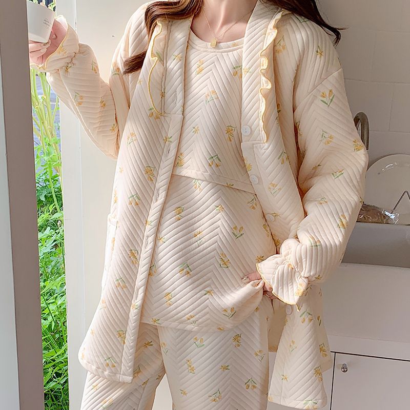 (2개) 안티 필링 에어 코튼 카디건 산후복 3종 세트 두꺼운 봄 가을 산후 임산부 잠옷 요양원복 겨울