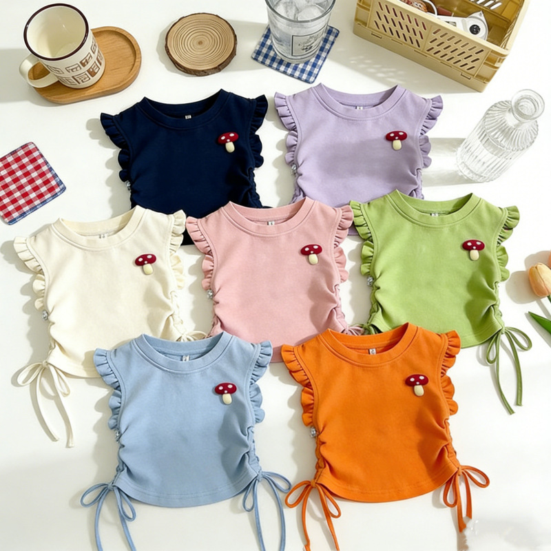 Girls' Summer T-Shirt 2026 New Stylish Little Girl Children's Drawstring Flutter Sleeve Sweet Cute Top Versatile