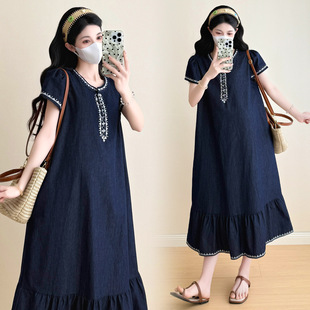 In Stock 2025 Summer Maternity Wear Korean Retro Heavy Embroidery Jacquard Tencel Denim Maternity Dress