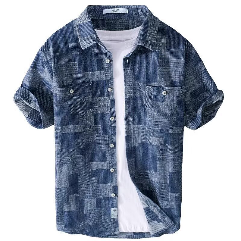 Cross-Border Summer Fashion Blue Plaid Denim Shirt Men's Short-Sleeved Loose Handsome Plaid Young Men's Tops Cross-Border Summer Fashion Blue Plaid Denim Shirt Men's Short-Sleeved Loose Handsome Plaid Young Men's Tops