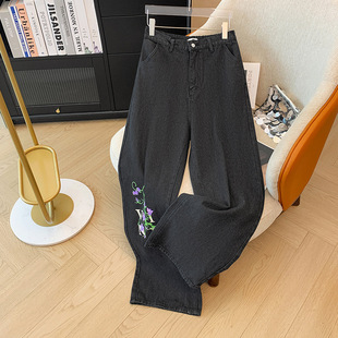 Plus-Size Women's Clothing for Chubby Women, High-Waisted Straight-Leg Printed Slimming Denim Pants, New Spring and Autumn Style, Elegant Commuter Style