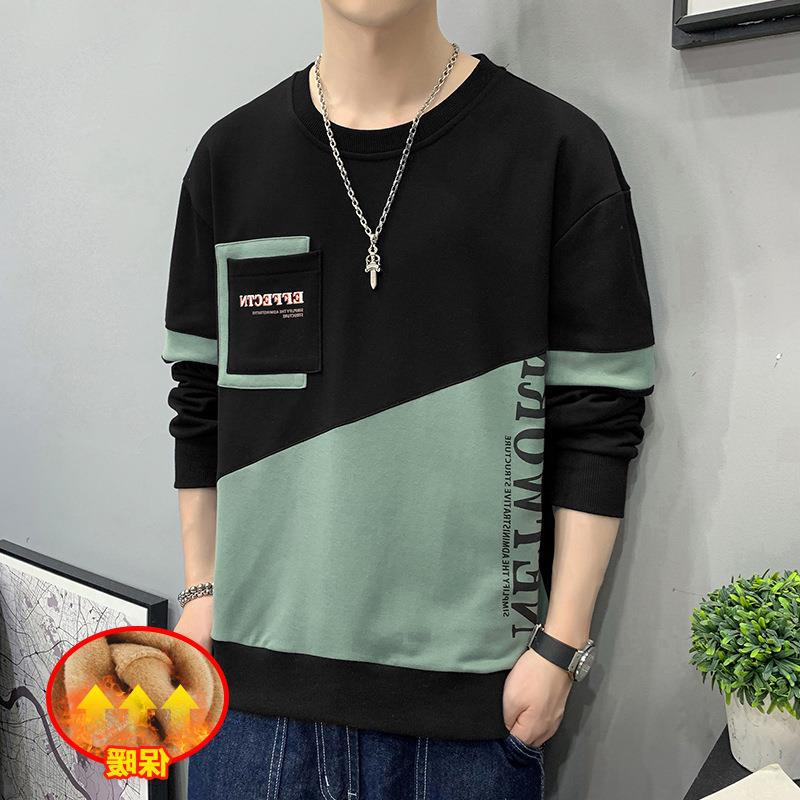 Suéter de los hombres de otoño forrado de lana suéter de manga larga cuello redondo camisa de fondo de los hombres de moda cuello redondo costura popular contraste color ropa de los hombres