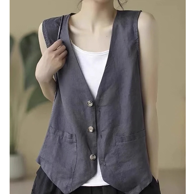 Summer Retro Linen Vest for Women, Loose and Versatile, Sleeveless, Casual, Slimming, Solid Color, Cotton and Linen Short Jacket