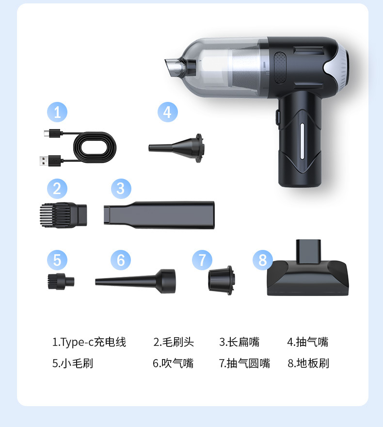 Car vacuum cleaner, cordless, brushless motor, 12000 mAh battery, high suction power, suitable for both home and car use, portable handheld dust blower, car appliance
