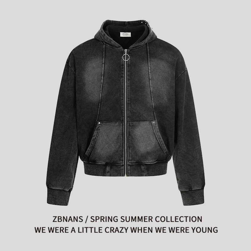 潮牌高街小众设计感连帽开衫卫衣男秋季水洗做旧宽松休闲情侣外套