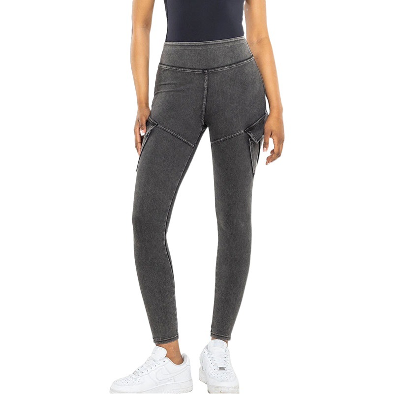 Cruz-frontera exclusivo multi-Bolsillo yoga Denim fitness pantalones mujeres de la cadera plisada crisantemo apretado desgaste exterior trajes Casuales