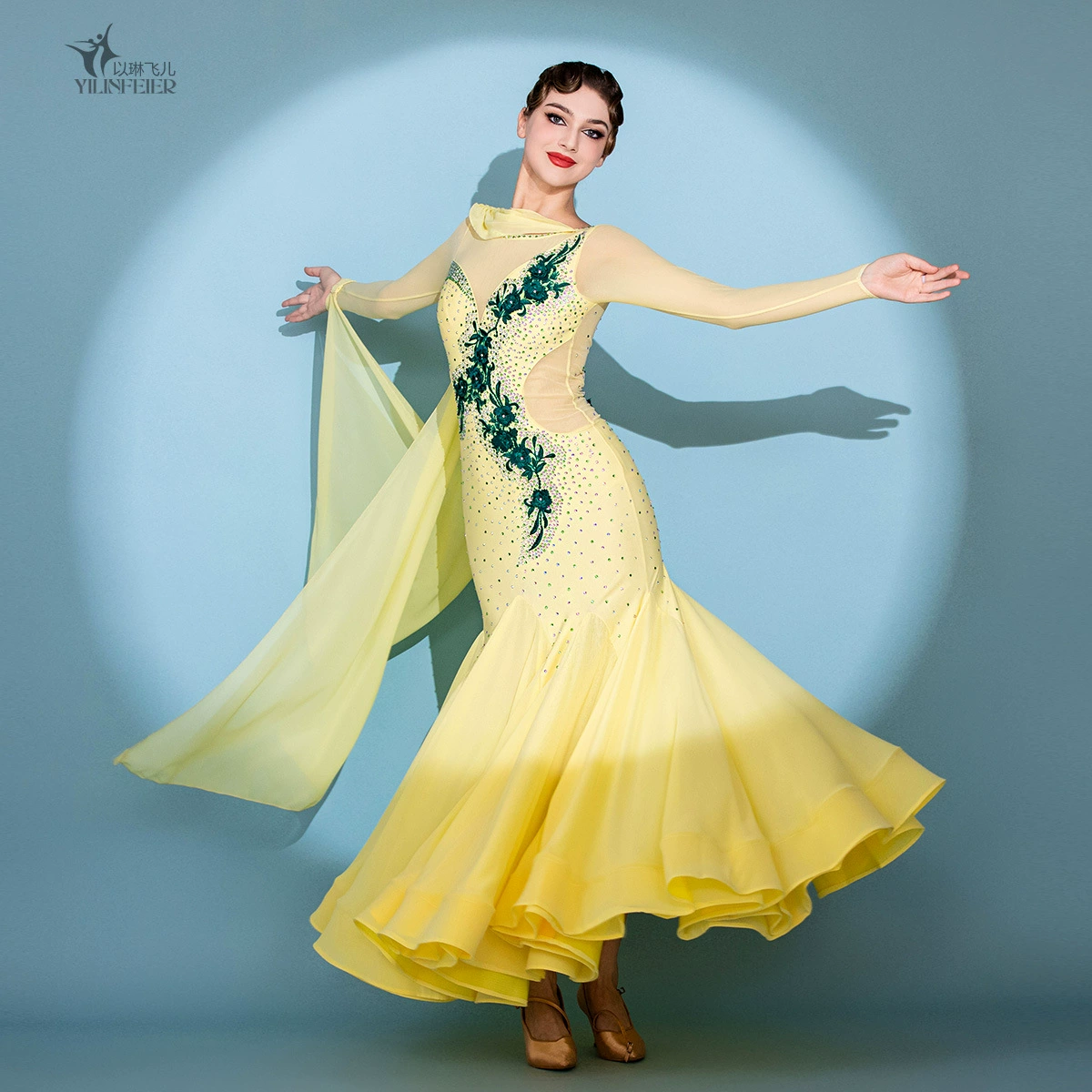 Манха желтая роза! Британское кастомное окрашивание! Элегантная облегающая бедра односторонняя плавающая марлевая юбка для современного танца S7109 костюм для бальных танцев