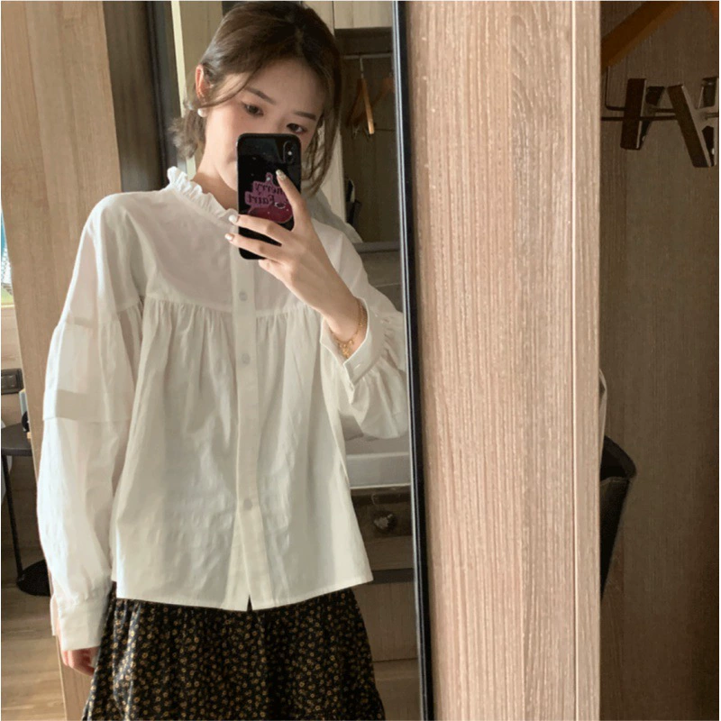 Французский ретро элитный западный стиль, милый кружевной воротник с длинными рукавами и рукавами-фонариками и белым топ-рубашка для женщин