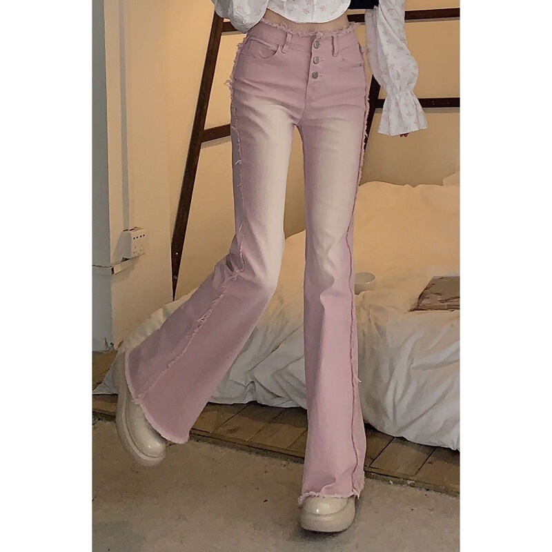 American Style High Street Pink Micro-flare Jeans Women's Spring New Retro High Waist Loose Slimming Horseshoe Long Pants