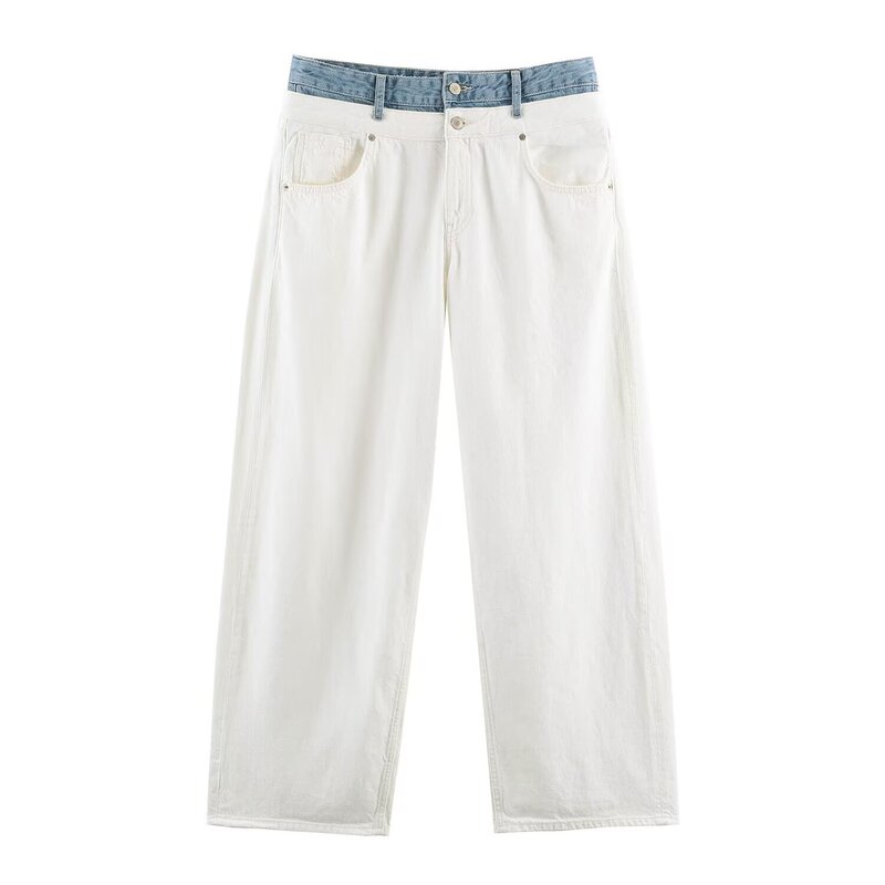 MYST&ZA Autumn New Mid-Waist Double-Layer Waist Contrast Color Wide-Leg Casual Fashion Jeans for Women 6688214