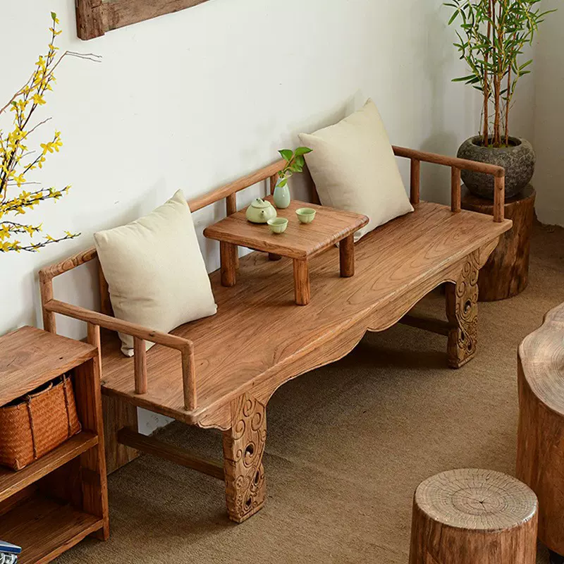 新中式老榆木罗汉床禅意榆木沙发民宿风化客厅罗汉榻长排打坐禅榻