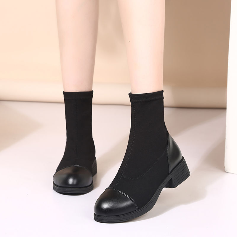 French Style Round-Toe Boots for Women 2025 Autumn and Winter New Style Fleece-Lined Warm and Fashionable Spliced ​​Low-Heeled Short Boots