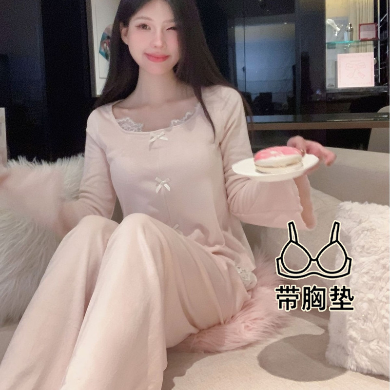 New Style Pajamas for Women, Spring and Autumn Long-Sleeved Island Velvet, Sweet and Pure Style, Solid Color with Bow, with Chest Pads, Korean Style Home Wear New Style Pajamas for Women, Spring and Autumn Long-Sleeved Island Velvet, Sweet and Pure Style, Solid Color with Bow, with Chest Pads, Korean Style Home Wear