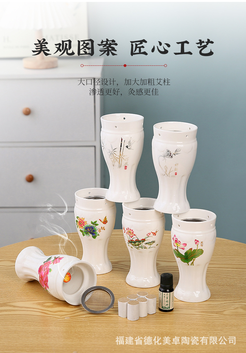 Ceramic Moxibustion Gua Sha Cup Double Layer Jar Warm Therapy Massage Tool with Cloth Sleeve 350g in use