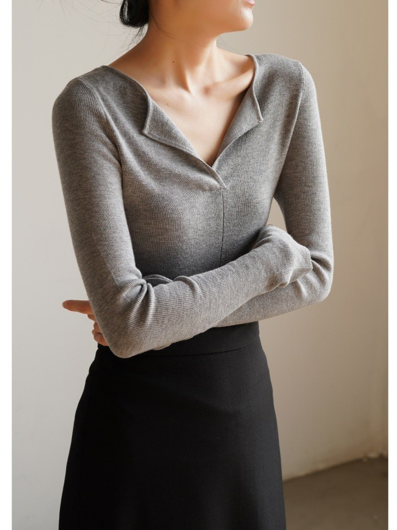 SS STUDIO フレンチスタイルのゆったりとした襟付きカシミヤVネックニットセーター レディース 秋冬用インナーウェア