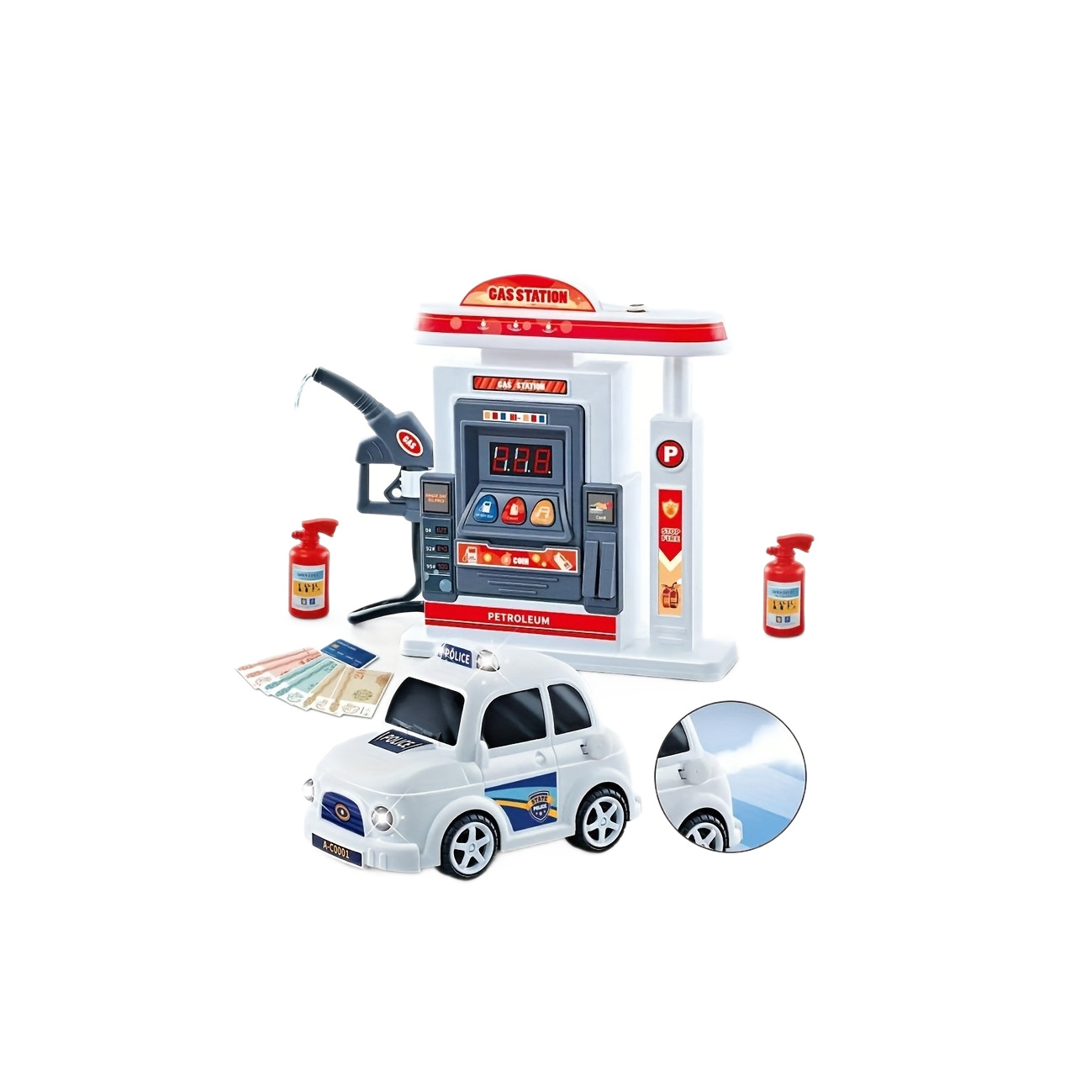 Amazon venta caliente juguetes caseros para niños al por mayor granular simulación de gasolinera coche de policía juego de juguetes para niños