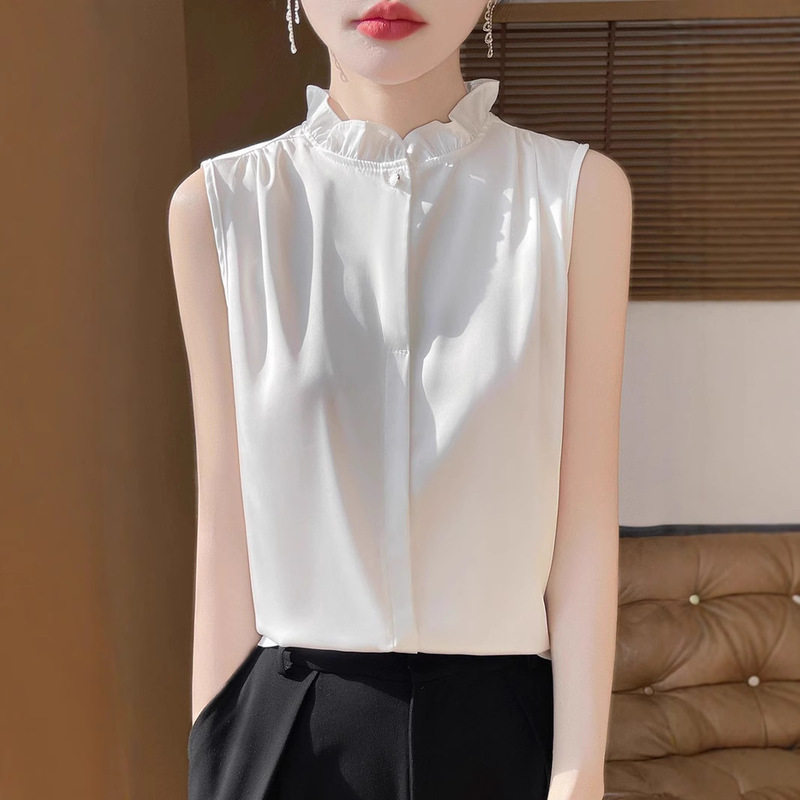 Spring New Arrival Fungus Lace Collar Sleeveless Solid Color One-Buckle Vest Silky Satin Slim Look Thin Vest for Women