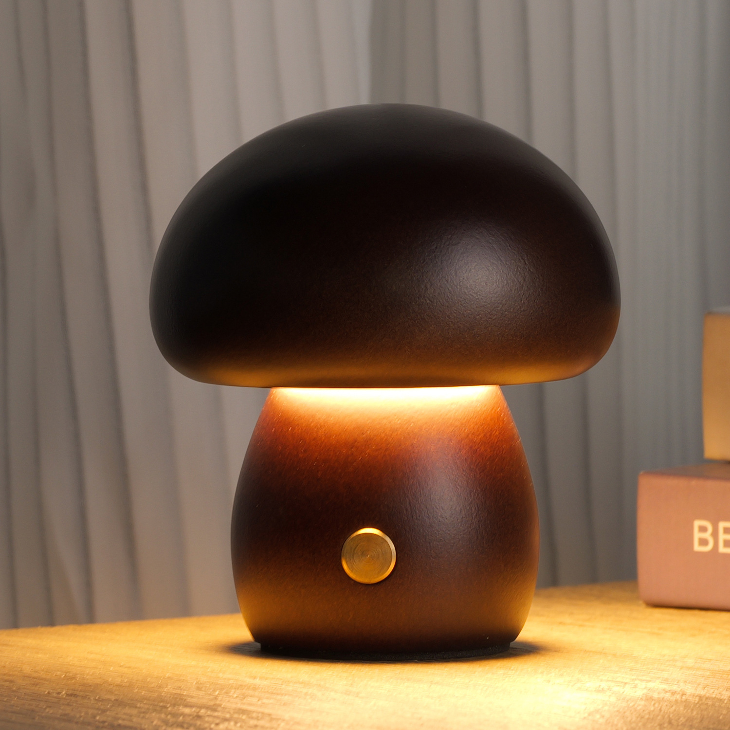 创意ins实木蘑菇小夜灯氛围灯床头灯摆件榉木儿童LED台灯女生礼物