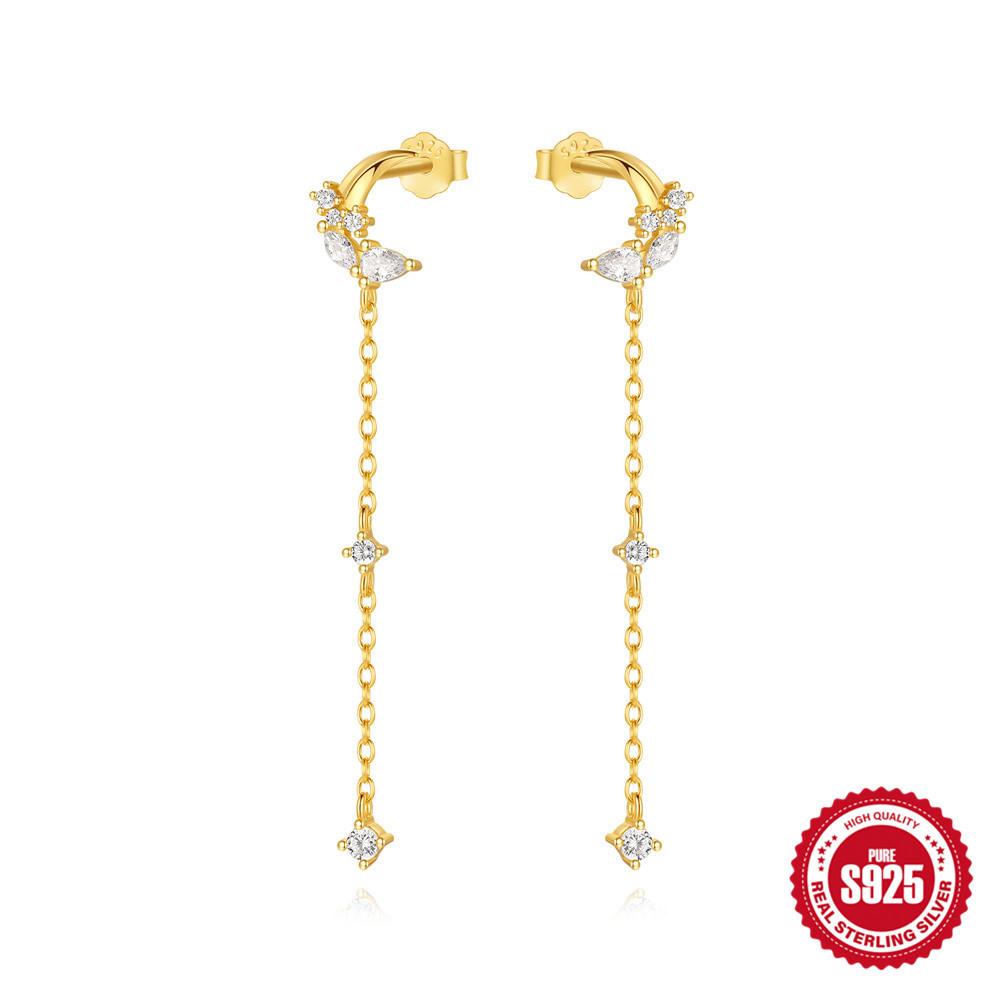 Los nuevos pendientes de luna asimétrica de plata de ley S925, pendientes de circonita francesa de lujo ligero, sentido de diseño de nicho