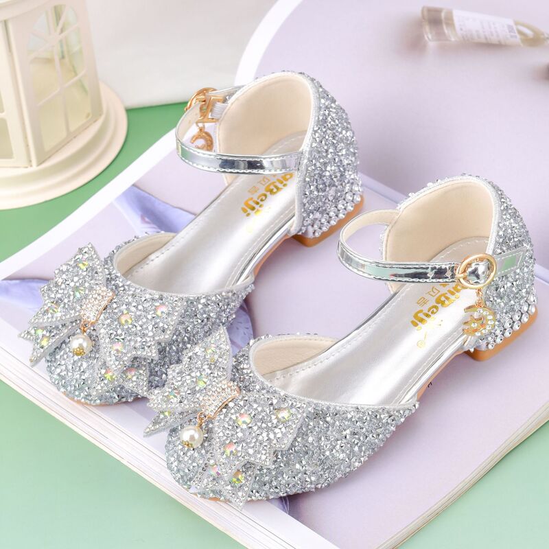 Girls' High Heels, Little Princess Stage Performance, Catwalk Model, Piano, Silver Color, Matching Dress, Flower Girl, Crystal, Girls' Shoes Girls' High Heels, Little Princess Stage Performance, Catwalk Model, Piano, Silver Color, Matching Dress, Flower Girl, Crystal, Girls' Shoes