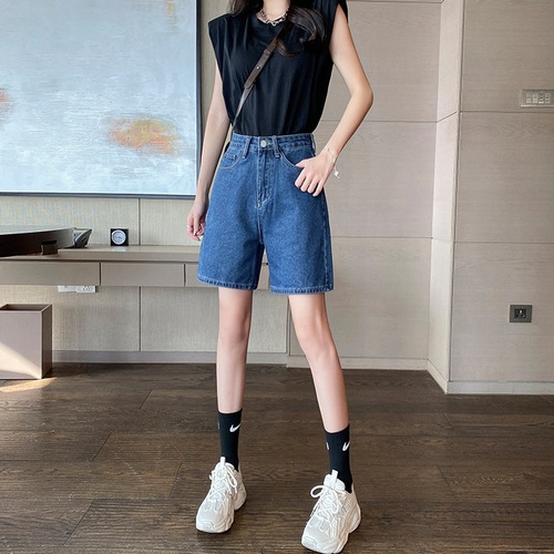 Trendy denim shorts for women 2022 summer loose and thin large size fat mm slimming a-line high-waisted straight-leg pants