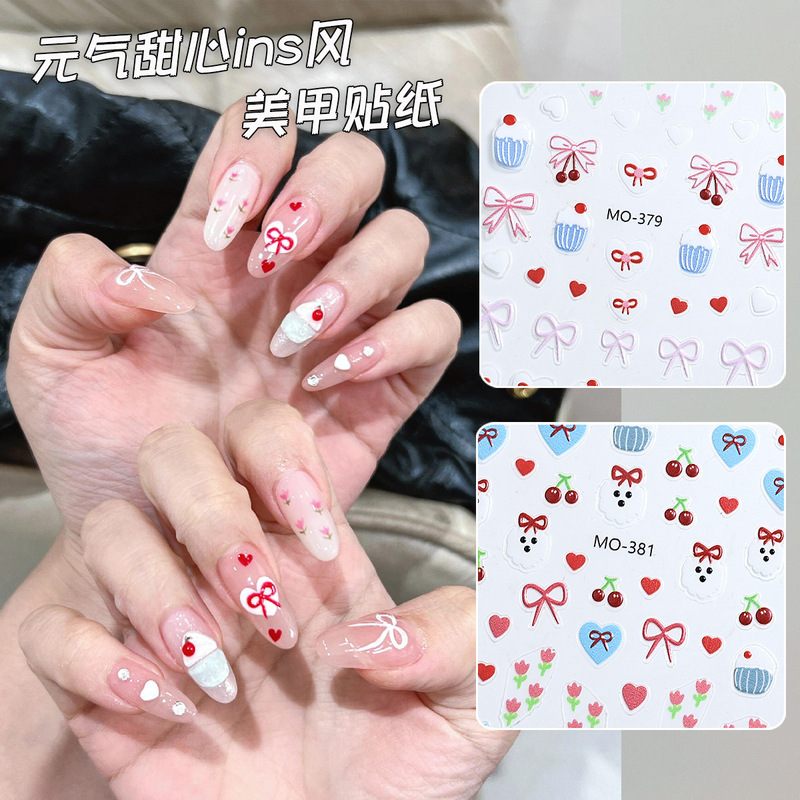 Internet Celebrity Sweetheart Nail Art Sticker Cherry Cake Bow Love Cute Cartoon Nail Sticker Jewelry
