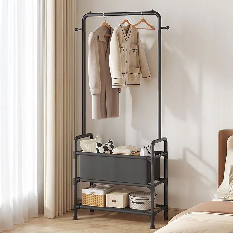 Floor-standing multi-layer wardrobe hanger with large storage basket and hat rack, minimalist storage rack