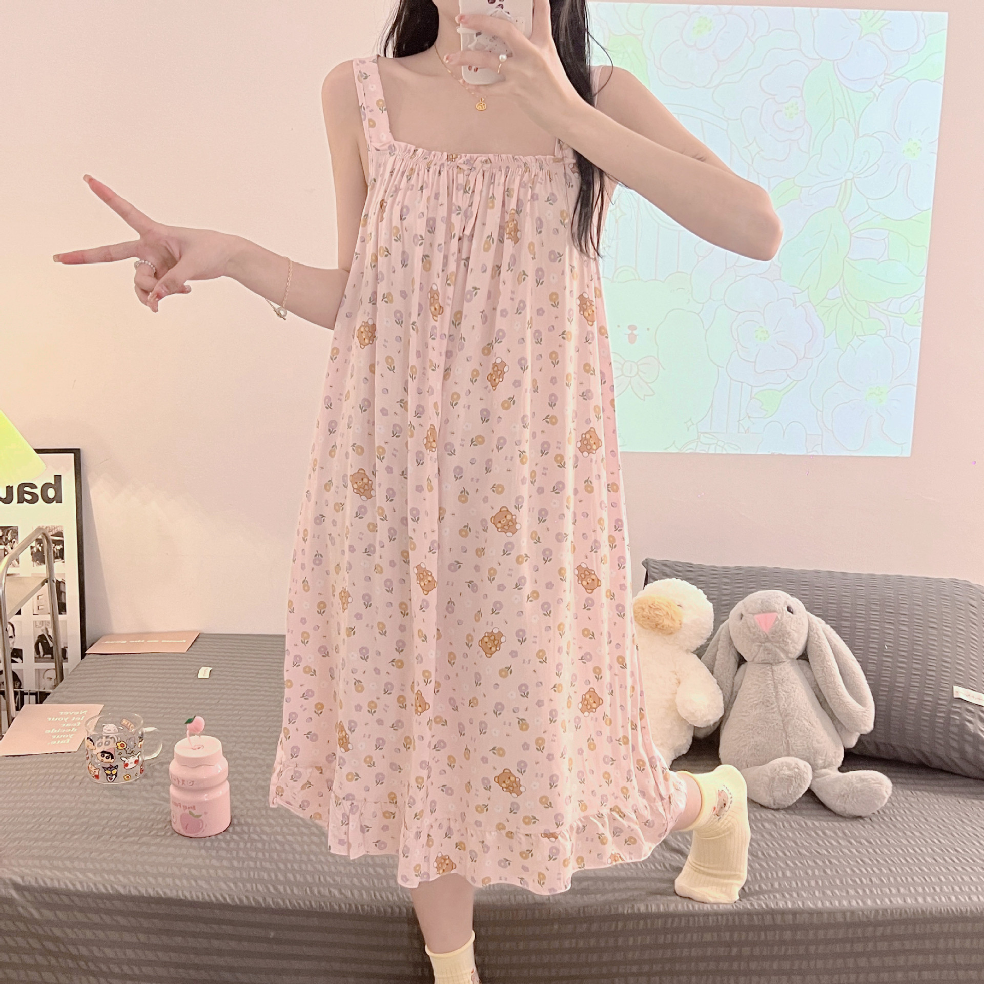 Camisón de seda de algodón de verano para mujer Pijamas dulces lindos puro deseo ins estilo delgado sexy vestido de Honda de seda de algodón artificial