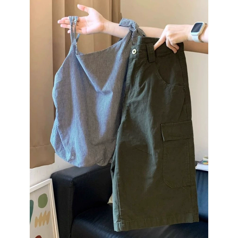 Корейский стиль ретро клетчатый топ-камзол рабочая одежда шорты летняя новая мода универсальный двухкомплектный костюм для женщин