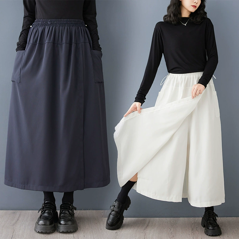 Драпированная рабочая одежда, широкие брюки, женская одежда больших размеров для пышных женщин, 100kg г., свободные брюки средней длины с высокой талией и нерегулярной юбкой