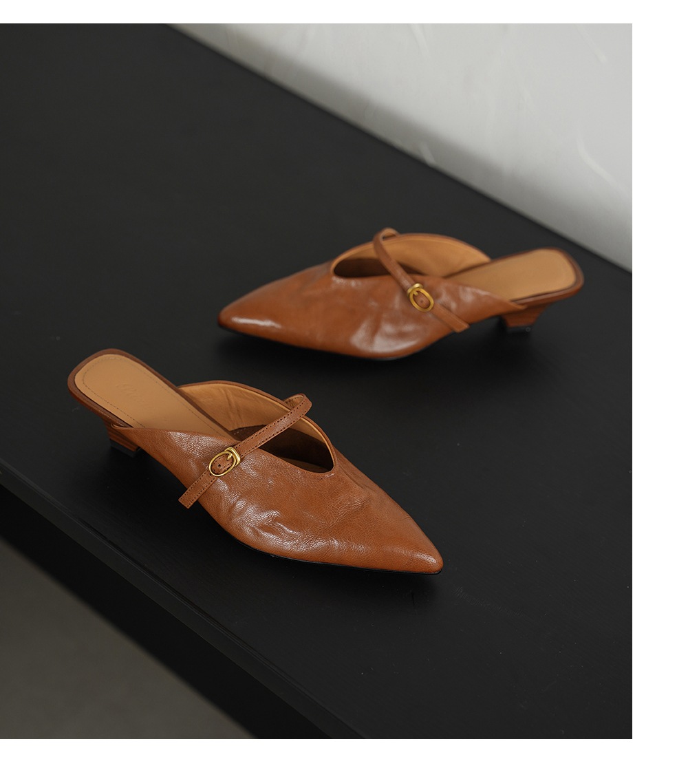 Giày mule nữ da cừu mũi nhọn quai ngang gót thấp — đen chi tiết 15