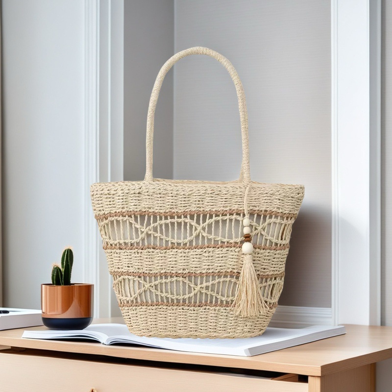 Summer Beach Shoulder Straw Bag, Paper Rope Woven Bag, Hollow Tassel Straw Bag, Beach Bag, Tote Bag, Vacation Style