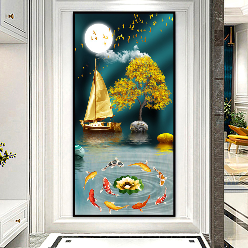 Pintura de entrada de pintura tradicional china Pintura de decoración del pasillo frente a la puerta Pasillo de nueve peces Pintura colgante de fondo de lujo ligero Pintura mural