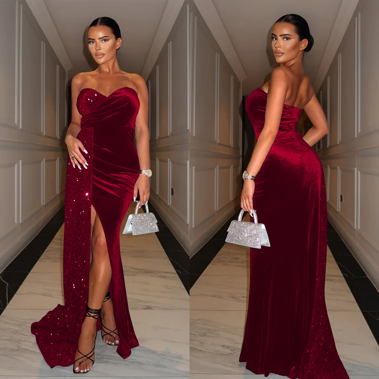 C6712 transfronteriza AliExpress Amazon ropa de mujer de moda europea y americana sexy lentejuelas gran swing costura vestido de pecho envuelto image 5